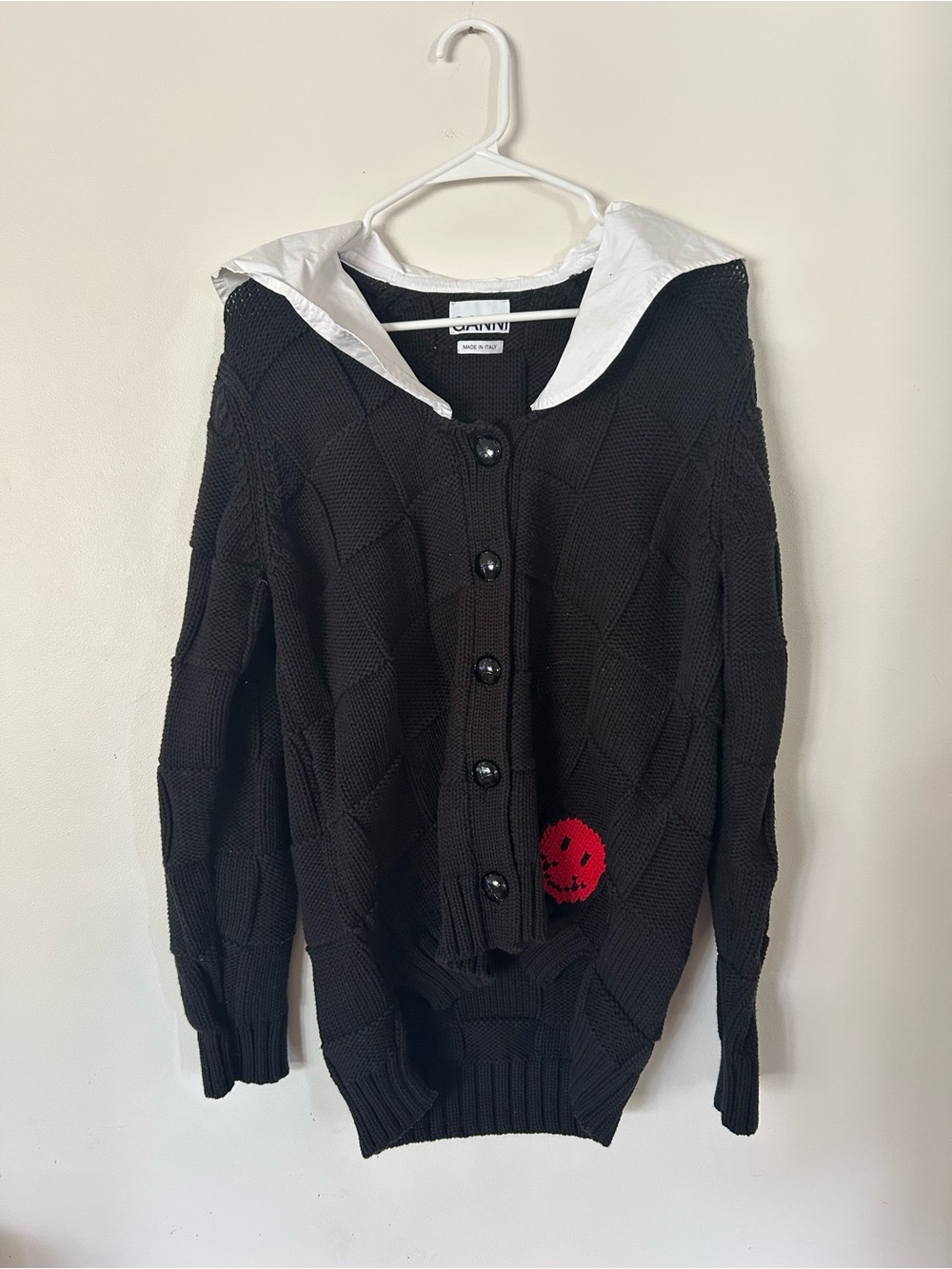 GANNI Smiley Poplin-Collar Cardigan Black Small